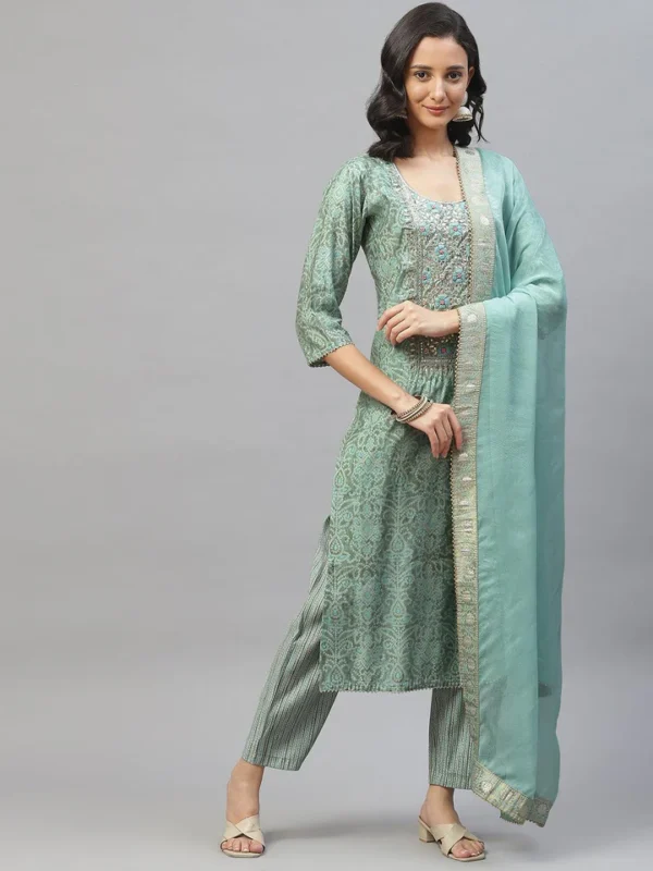 Divena Blue Hand Work Bandhani Printed Muslin Kurta Pant Set with Dupatta - Image 2