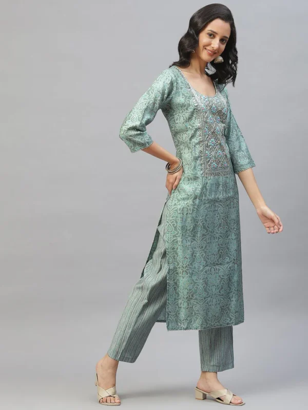 Divena Blue Hand Work Bandhani Printed Muslin Kurta Pant Set with Dupatta - Image 3