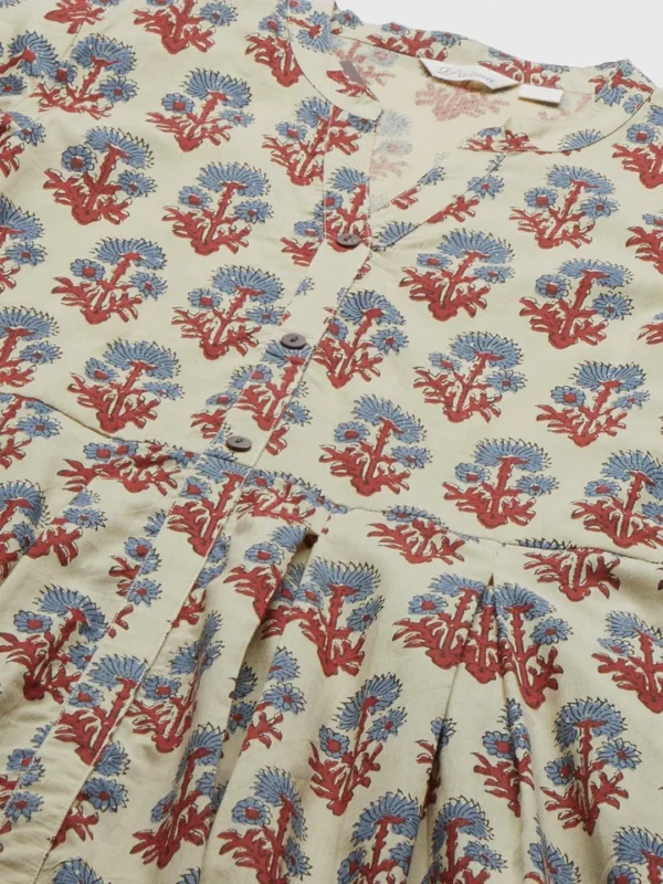 Divena Beige Cotton A-Line Kurta Hem Cuffed Pant set - Image 5