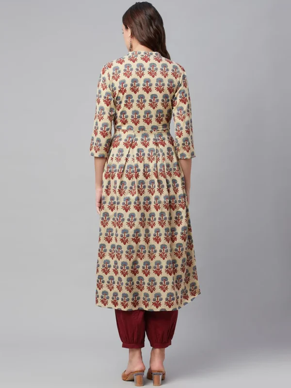 Divena Beige Cotton A-Line Kurta Hem Cuffed Pant set - Image 4
