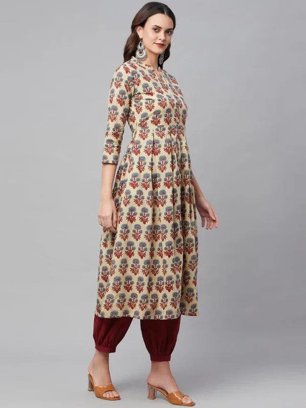Divena Beige Cotton A-Line Kurta Hem Cuffed Pant set - Image 2