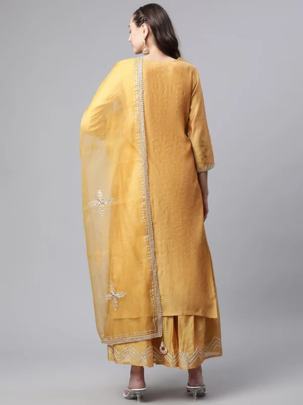 Divena Yellow Gold Embroidered Chenderi Kurta Sharara Set with Dupatta - Image 3