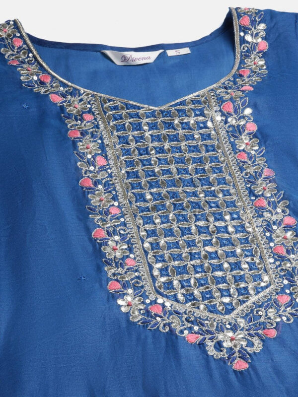 Divena Blue Solid Chenderi Kurta Skirt Set with Dupatta - Image 6