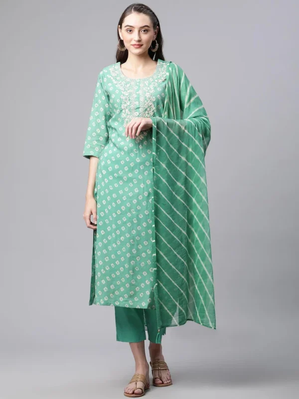 Divena Green Chanderi Kurta Cotton pant set With Chiffon leheriya Dupatta - Image 2