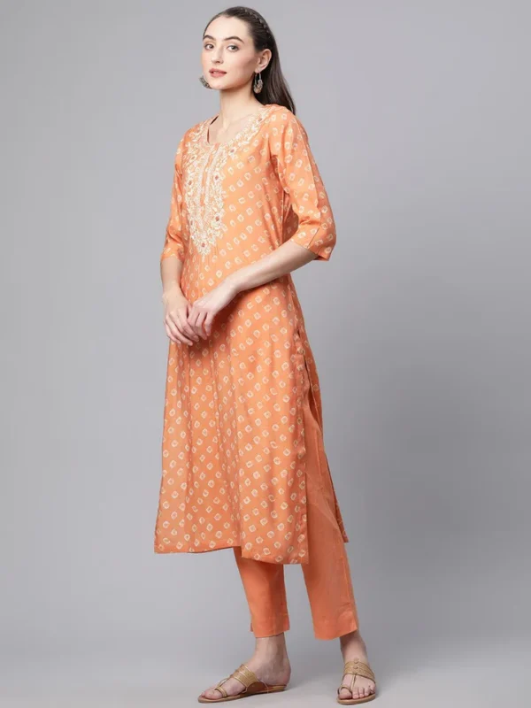Divena Orange Chanderi Kurta Cotton pant set With Chiffon leheriya Dupatta - Image 3