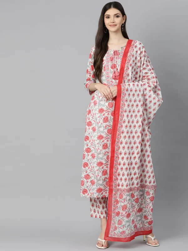 Divena White Floral Printed Kurta Pant Set with Dupatta - Image 2