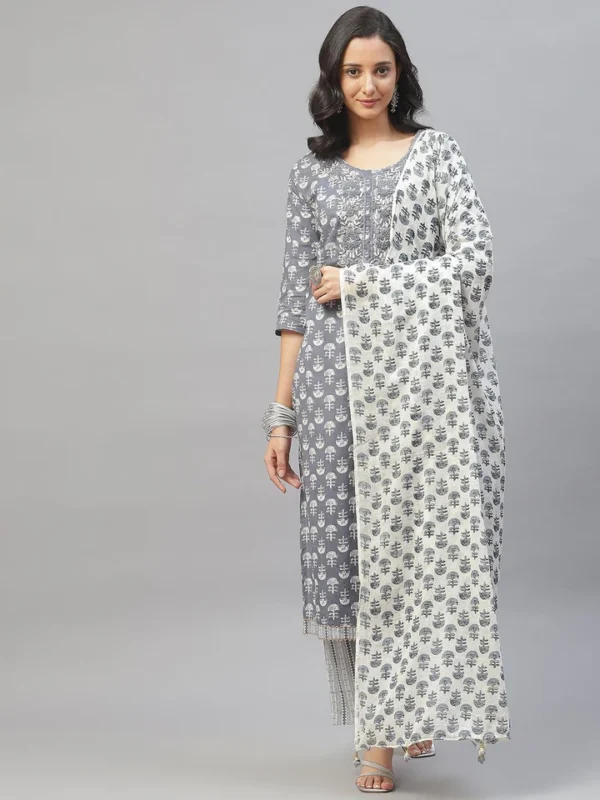 Divena Grey and White Floral Printed Kurta Pant Set with Dupatta - Image 2