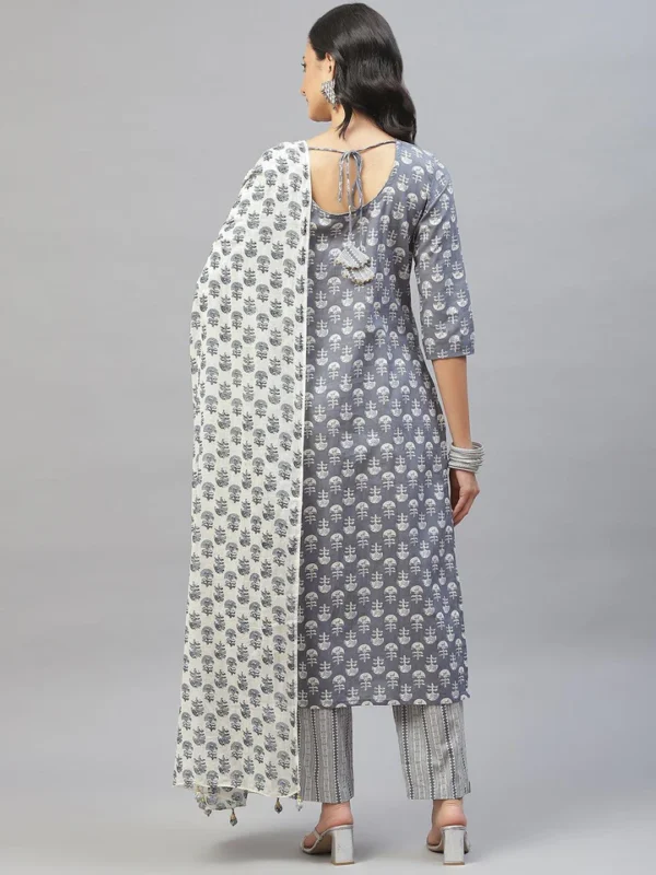 Divena Grey and White Floral Printed Kurta Pant Set with Dupatta - Image 4
