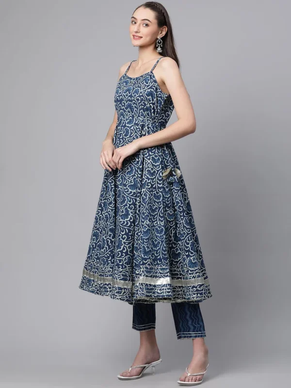 Divena Indigo Hand Block Printed Anarkali Kurta Pant Set with Dupatta - Image 3