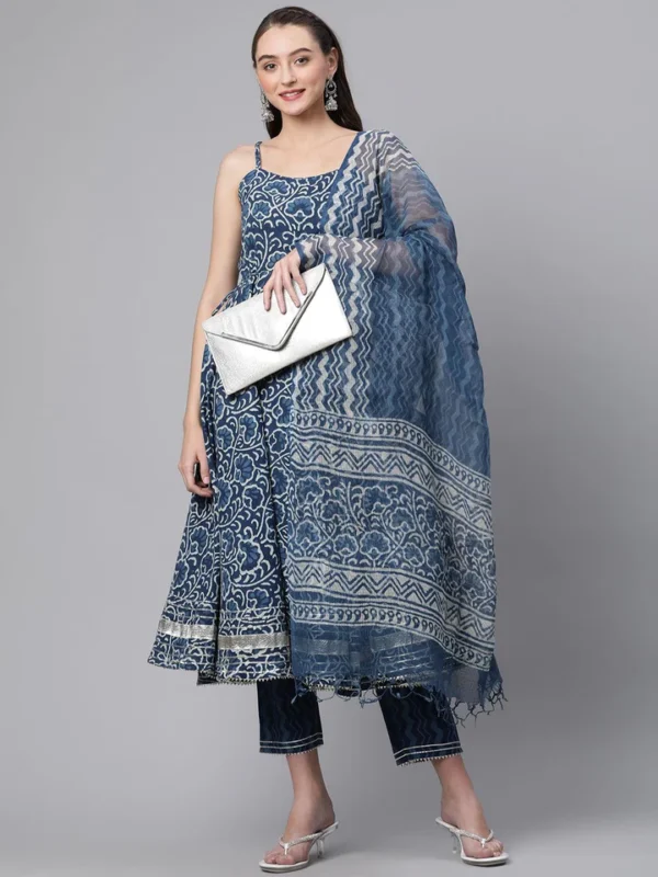 Divena Indigo Hand Block Printed Anarkali Kurta Pant Set with Dupatta - Image 2