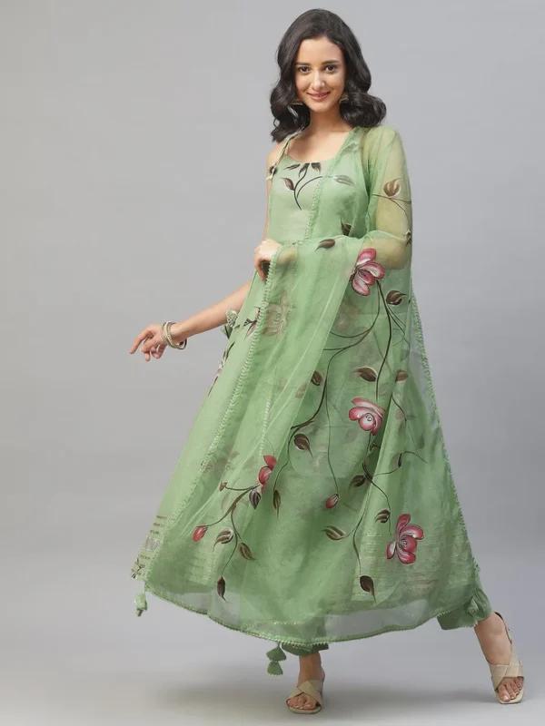 Divena Light Green Hand Painted Floral Anarkali Kurta Pant Set with Dupatta - Image 2