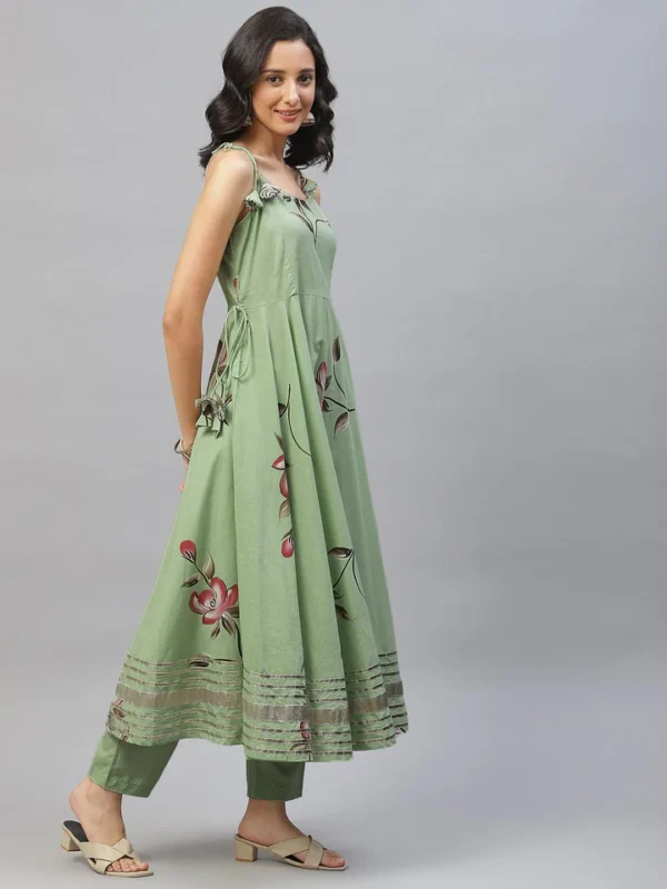 Divena Light Green Hand Painted Floral Anarkali Kurta Pant Set with Dupatta - Image 3