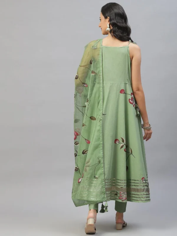 Divena Light Green Hand Painted Floral Anarkali Kurta Pant Set with Dupatta - Image 4