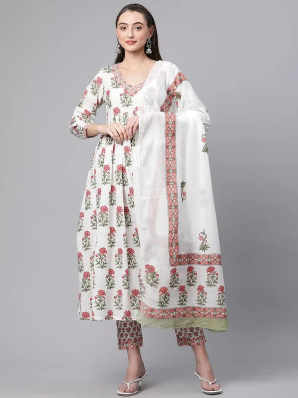 Divena White Floral Anarkali Kurta pant set with Mulmul Dupatta - Image 2