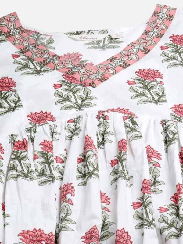 Divena White Floral Anarkali Kurta pant set with Mulmul Dupatta - Image 3