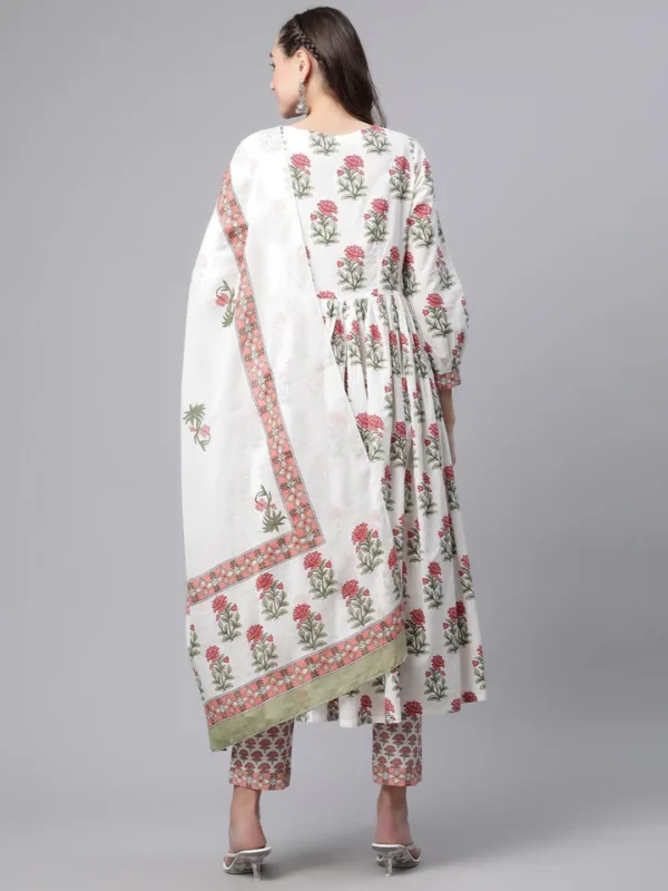 Divena White Floral Anarkali Kurta pant set with Mulmul Dupatta - Image 7