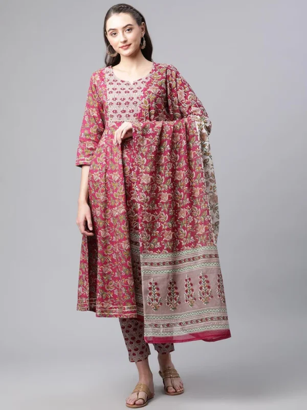 Divena Purple Cotton Anarkali Kurta Pant Set with Dupatta - Image 2