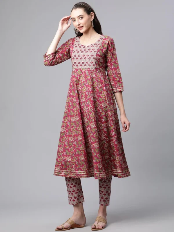 Divena Purple Cotton Anarkali Kurta Pant Set with Dupatta - Image 3