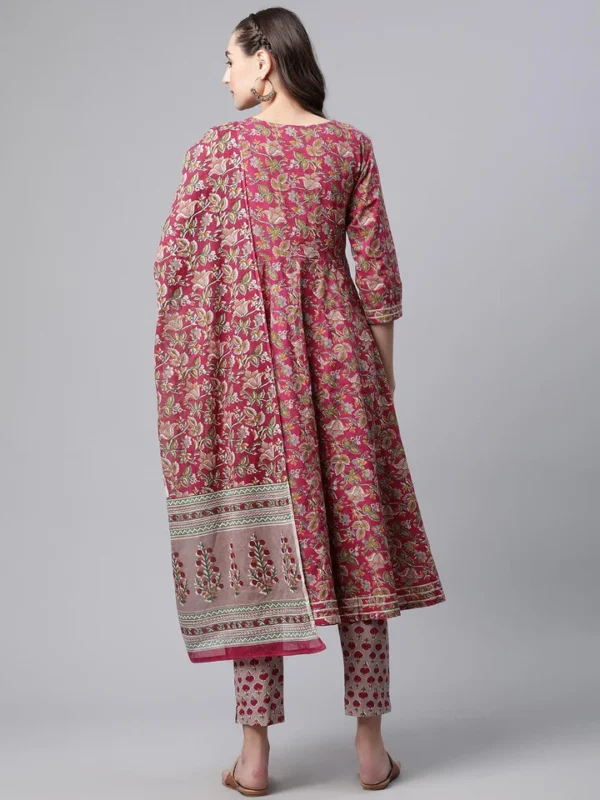 Divena Purple Cotton Anarkali Kurta Pant Set with Dupatta - Image 4