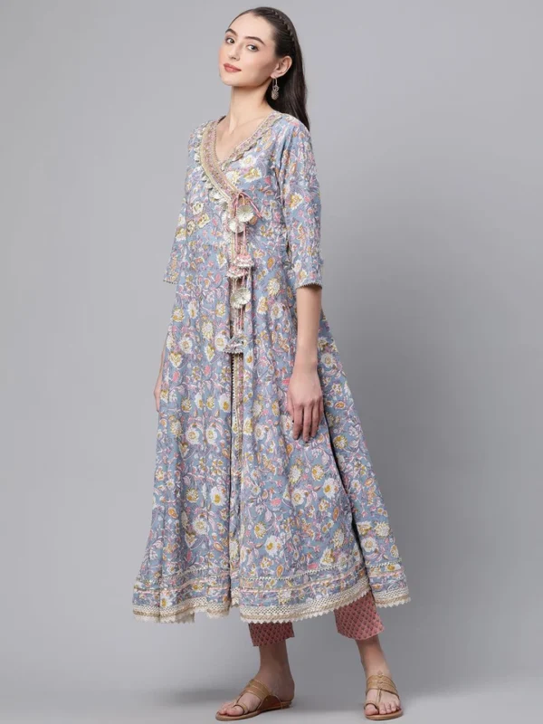 Divena Cotton Floral printed Anarkali kurta Pant set With Dupatta - Image 3