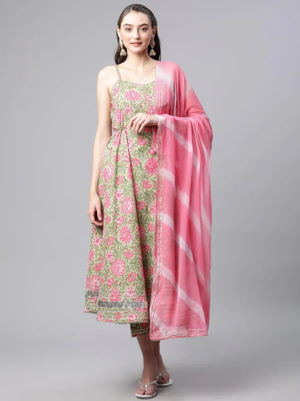 Divena Green Floral Printed Anarkali Kurta Pant Set with Dupatta - Image 2