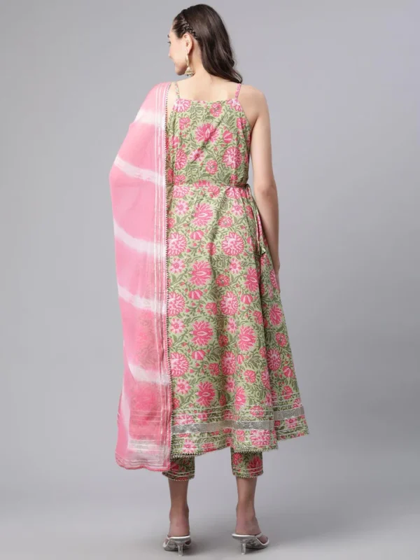 Divena Green Floral Printed Anarkali Kurta Pant Set with Dupatta - Image 4