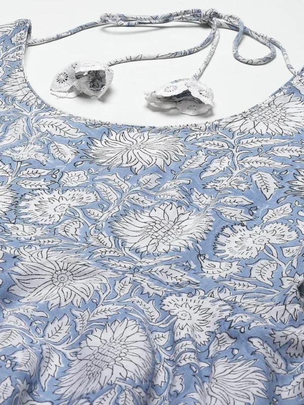 Divena Sky blue Hand Block Printed Anarkali kurta Pant Set with Dupatta - Image 3