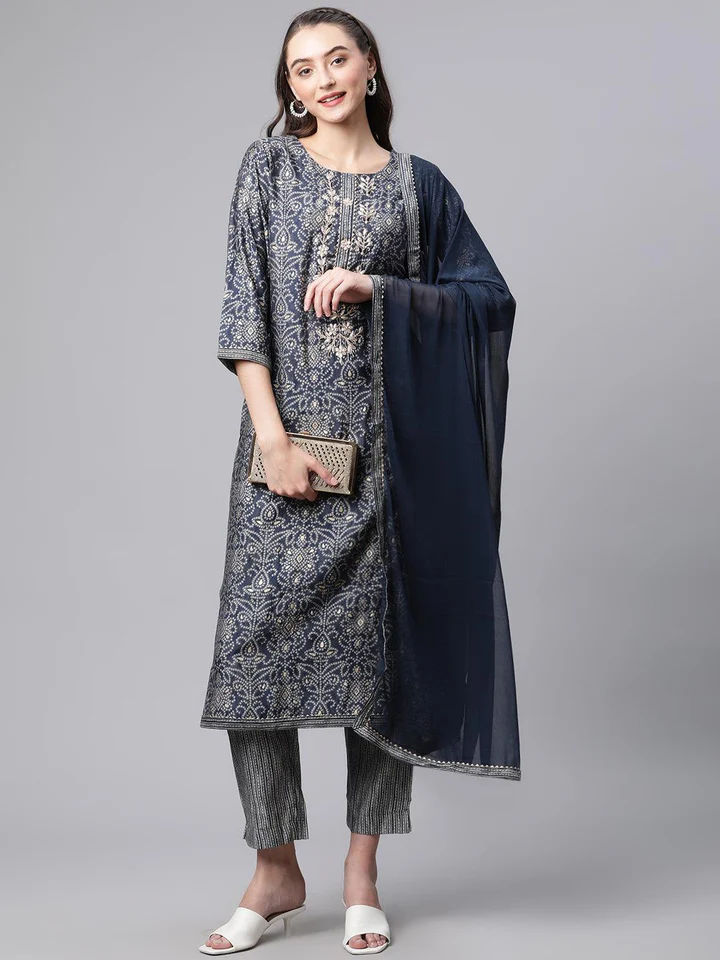 DK0758.7_720x Divena Blue Bandhani Print Chanderi Kurta pant set With Dupatta - Image 1