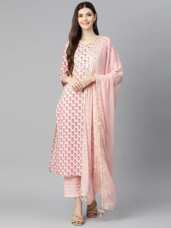 Divena Pink Cotton Straight Kurta Pant Set With Dupatta - Image 2
