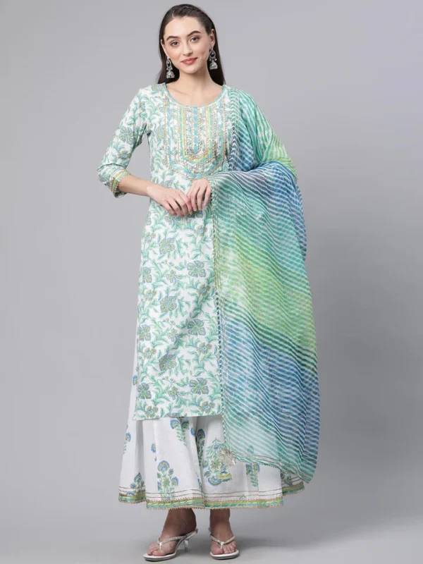 Divena White Floral Printed Kurta Palazzo set with Dupatta - Image 2