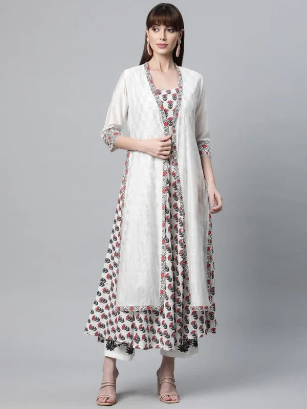 Divena White Floral Kurta Pant Set with Chanderi Shurg - Image 2