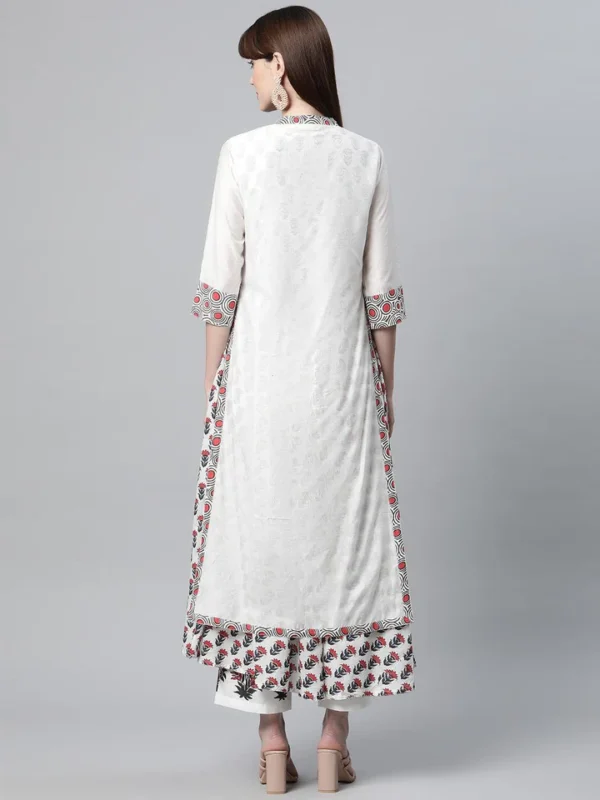 Divena White Floral Kurta Pant Set with Chanderi Shurg - Image 3