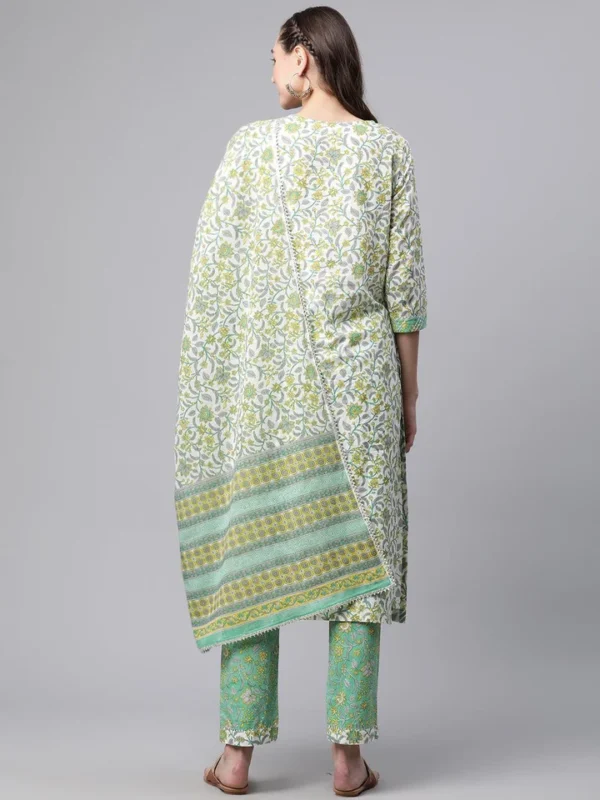 Divena White Cotton Straight Kurta Pant set with Dupatta - Image 3