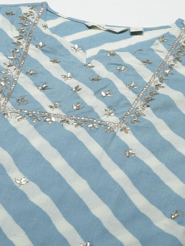 Divena Sky Blue Leheriya Cotton Kurta Pant set With Organza Dupatta - Image 6
