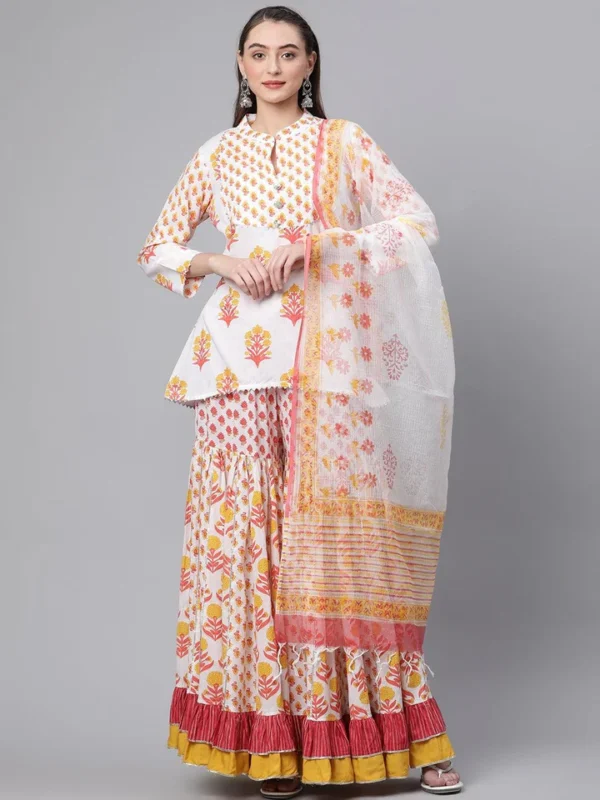Divena Yellow White Peplum Top Sharara Set with Dupatta - Image 2
