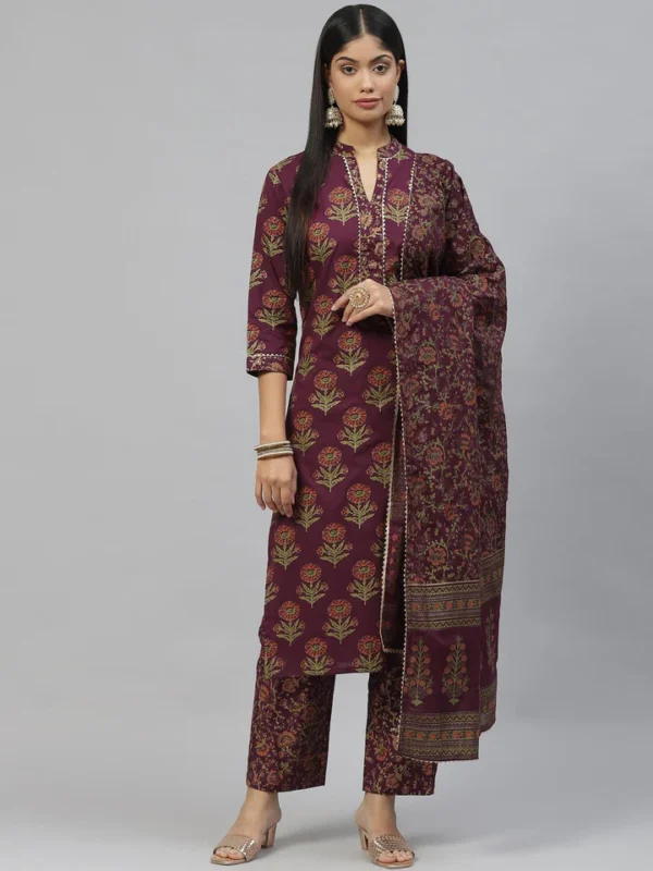 Divena Purple Cotton Straight Kurta Pant Set with Dupatta - Image 2