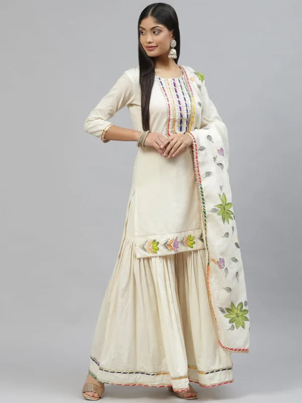 Divena Cream Solid Kurta Sharara Set with Hand Painted Dupatta - Image 2