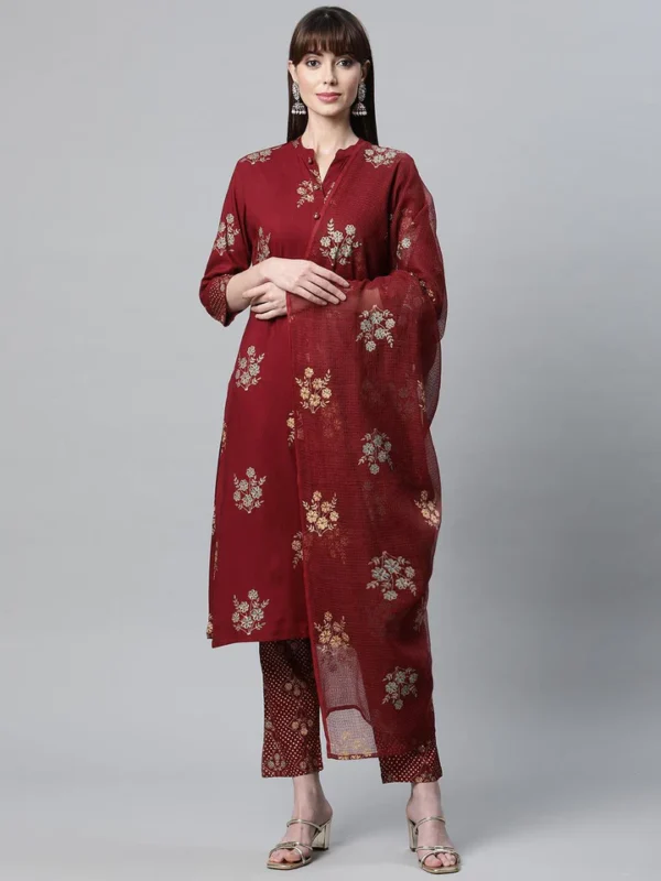 Divena Maroon Rayon Kurta Pant Set with kota doria Dupatta - Image 2