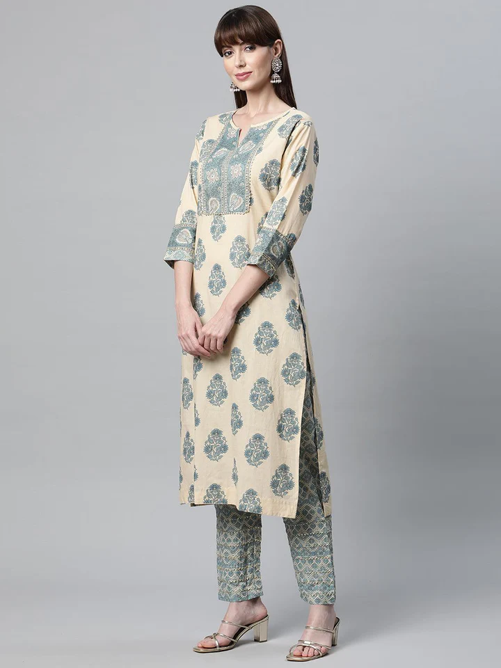 DK0785.6_720x Divena Beige Cotton Straight Kurta Pant Set - Image 1