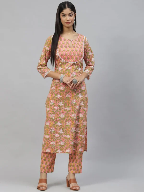 Divena Pink Floral Cotton Kurta Pant Set - Image 2