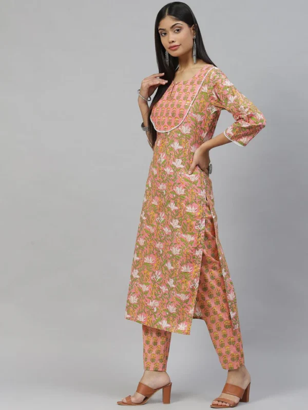 Divena Pink Floral Cotton Kurta Pant Set - Image 3