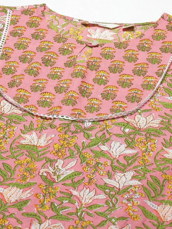 Divena Pink Floral Cotton Kurta Pant Set - Image 5