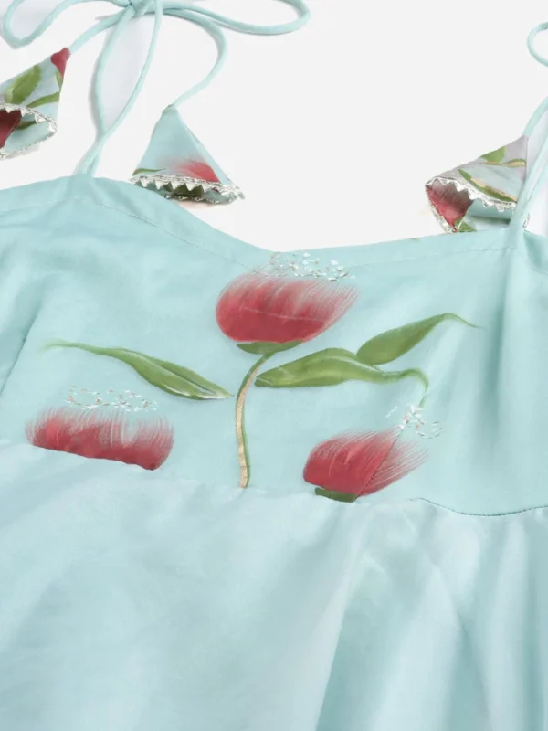 Divena Sky Blue Hand Painted Floral Organza Anarkali Kurta Pant Set with Dupatta - Image 7