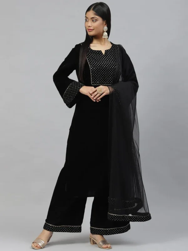 Divena Black Velvet hand work Kurta pant With Net Dupatta set - Image 2