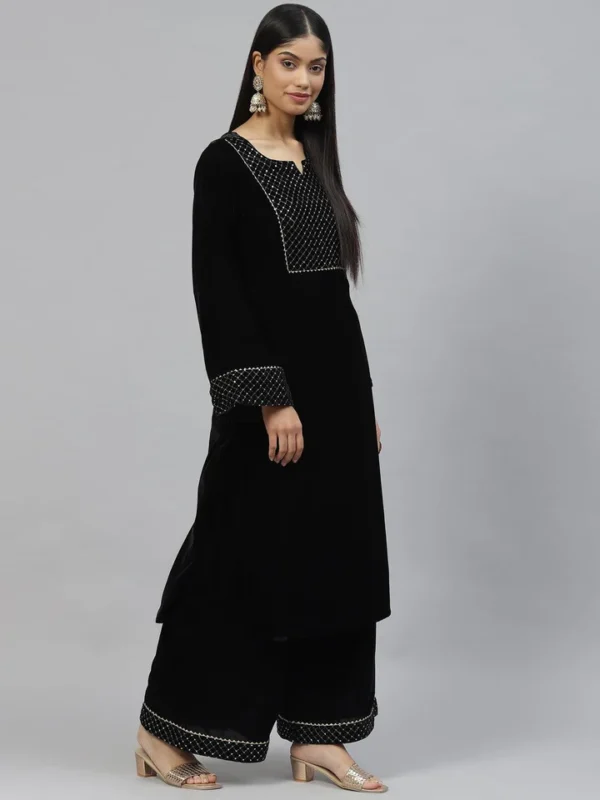 Divena Black Velvet hand work Kurta pant With Net Dupatta set - Image 3