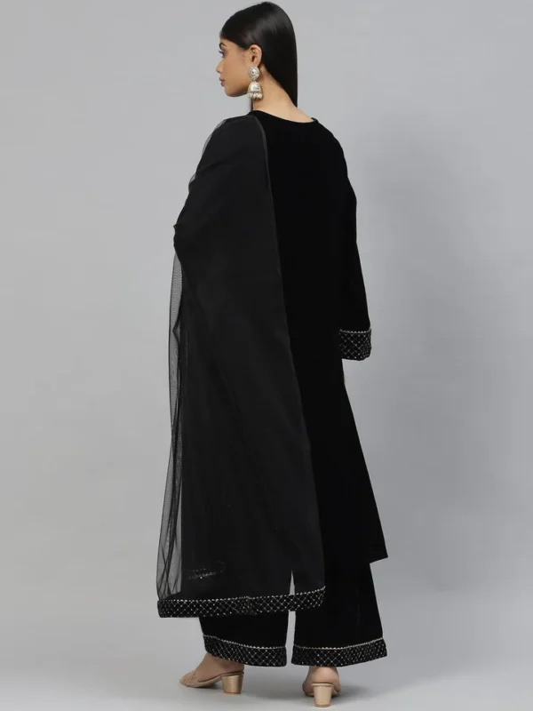 Divena Black Velvet hand work Kurta pant With Net Dupatta set - Image 4