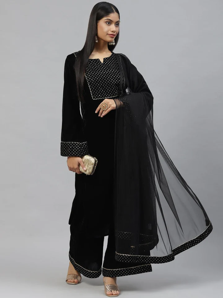DK0802.4_720x - Copy Divena Black Velvet hand work Kurta pant With Net Dupatta set - Image 1
