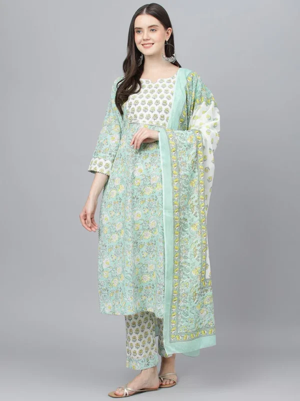 Divena Mint Green Floral Printed Kurta Pant set With Dupatta - Image 2