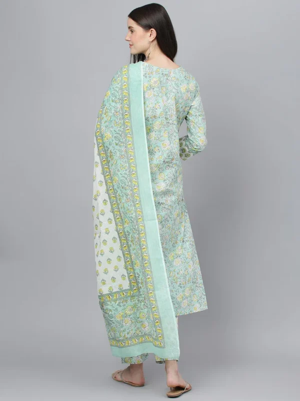 Divena Mint Green Floral Printed Kurta Pant set With Dupatta - Image 4