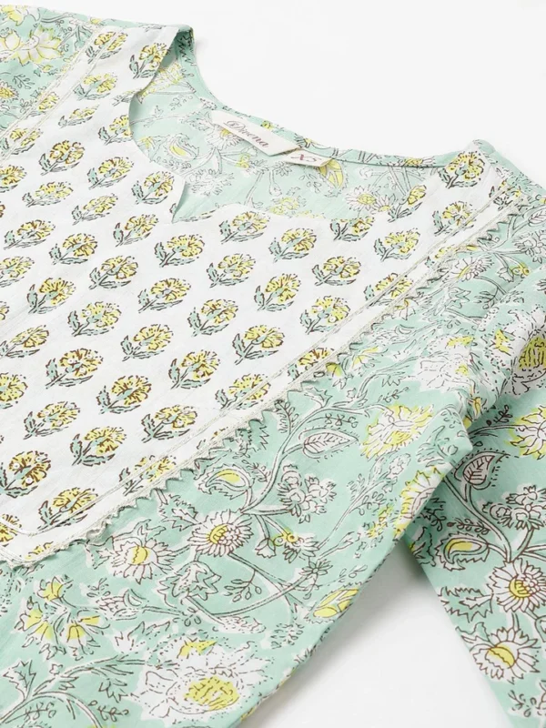Divena Mint Green Floral Printed Kurta Pant set With Dupatta - Image 5